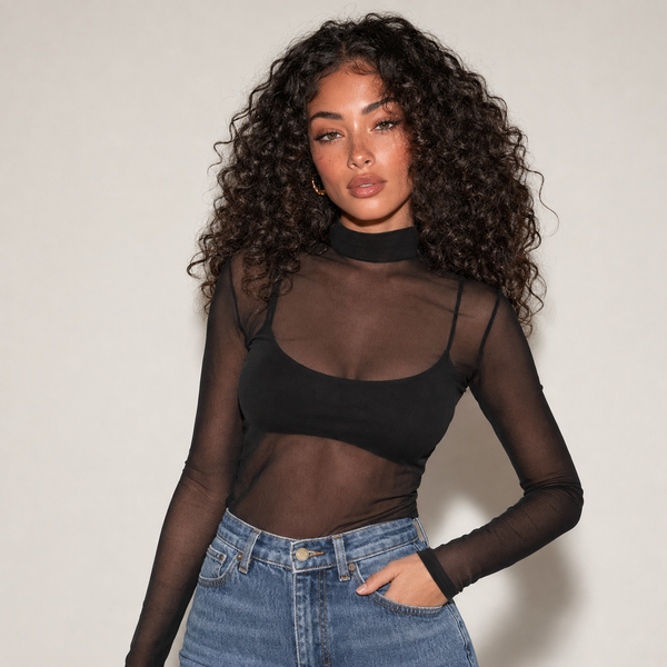 Body Feminino Transparente Tule Manga Longa