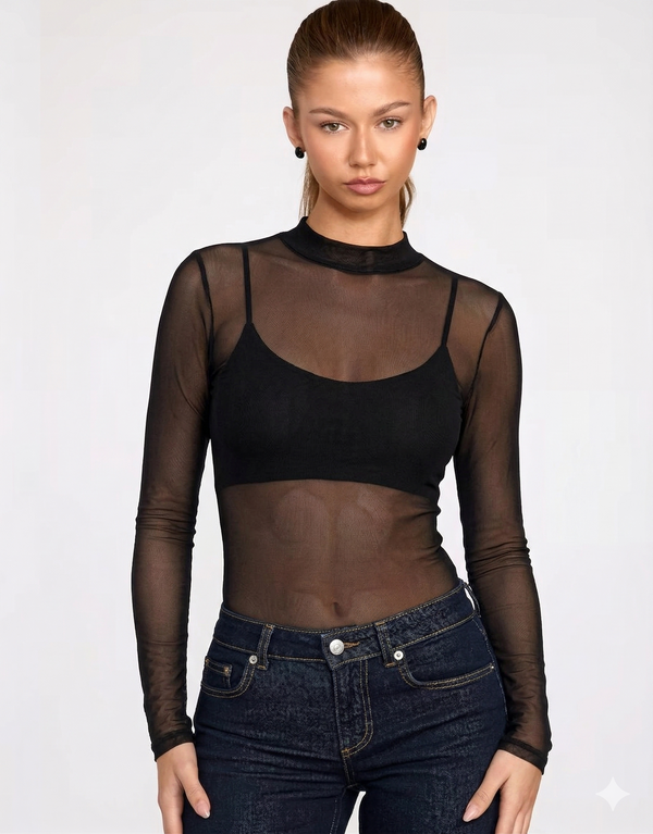 Body Feminino Transparente Tule Manga Longa